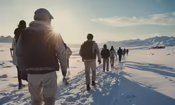 several people with back packs walking on snow