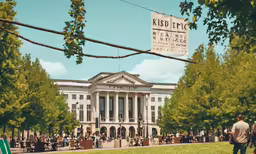 some people in front of some big buildings