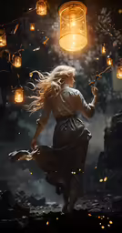 a beautiful young woman dressed in vintage fashion holding a wand in an artful smoke and lanterns display