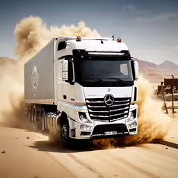 a big truck driving through the desert,a large truck driving through a sandy field