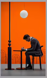 a man sits at a table in front of an orange wall