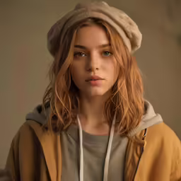 a woman in a yellow hoodie wearing a grey shirt and tan jacket