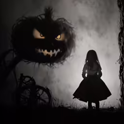 a girl is standing by a dark monster
