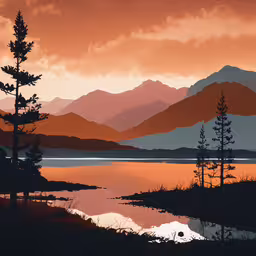 a painting of some mountains and trees next to the water,an illustration of a sunset at a mountain lake