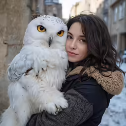 a woman is hugging an owl on a snowy day