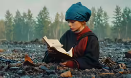 there is a person that is sitting in a field reading