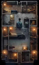 an abstract photo of a man on a bed in a large building made out of shelves