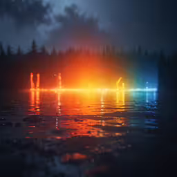 there are three lights on the water at night