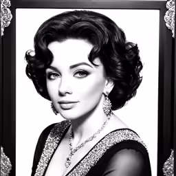 a woman in black and white wearing an elaborate necklace