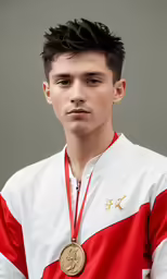 a man that is standing in front of a medal