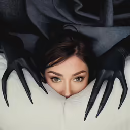 woman in white and black gloves hiding between the pillows