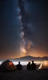 three people sitting at a camp site under the night sky