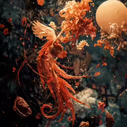 a red and white bird is flying in the air