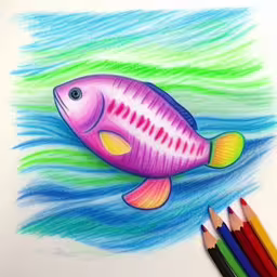 a drawing with colored pencils on a paper,a drawing with colored pencils of a fish