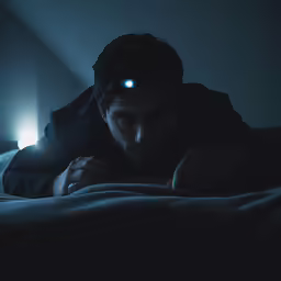 a man in a dark room with a flashlight on