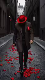 a person with a red hat walking down a road with red petals on it