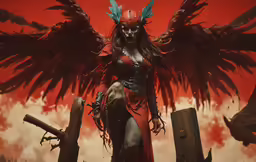 a painting of a woman in red costume with wings on her head