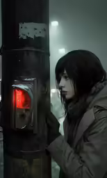 woman near bus stop with backlight and snowing lights