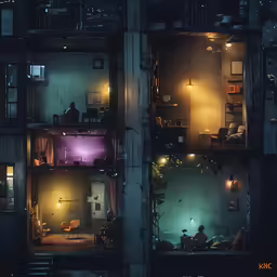 the two levels of a building have some rooms to see what looks like their light in the distance