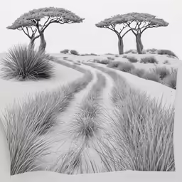a black and white photo of some trees on top of a snow covered field