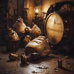 a barrel, glass and food are sitting on the ground