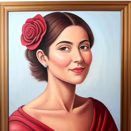 a portrait of a woman with red rose hairpiece,an oil painting of a woman wearing a red dress