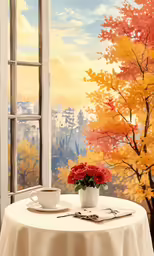 this table has a white table cloth with flowers in front of a large fall tree mural