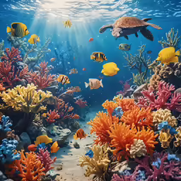 a turtle swimming on top of an underwater reef