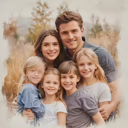 a photo of the family of six is framed with cream colored paper