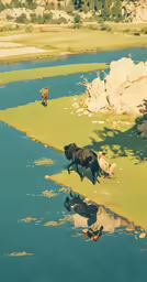 two cows running in front of a river
