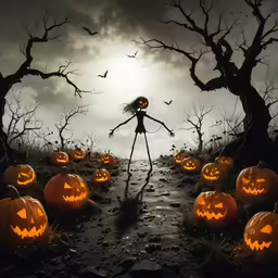 a scary scene with pumpkins and a scarecrow in the middle
