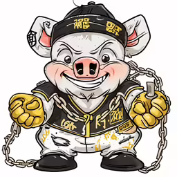 a pig with chains and wearing a baseball uniform