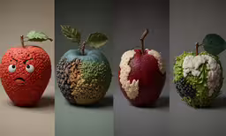three different apple sculptures with faces made of leaves and fruit