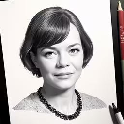 black and white photo of a woman in a shirt with an intricate necklace