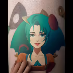 a girl with green hair and red cheeks