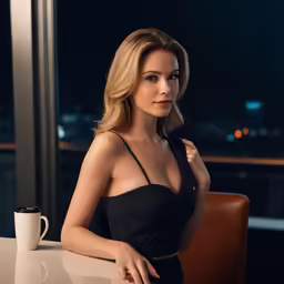 a woman in a black top is sitting at a table
