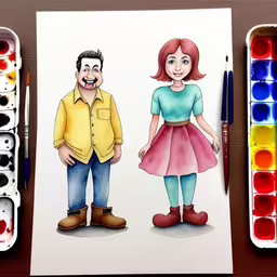 this drawing has been created with watercolors to look like a cartoon couple,a man and woman drawn in colored pencil on paper