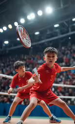 three boys playing tennis in a stadium during the day