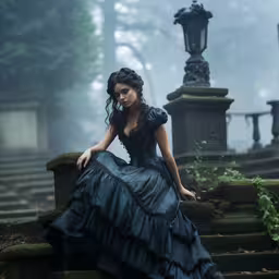 woman in black sitting on staircase with dark fog,a beautiful woman sitting on some stairs wearing a long dress