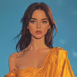 a woman in a yellow dress and blue sky