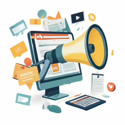 a megaphone and computer with papers and a note