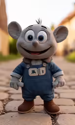 a teddy bear dressed in overalls is posing for the camera