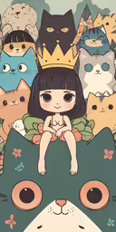 a cartoon drawing of cats, some wearing princess crowns