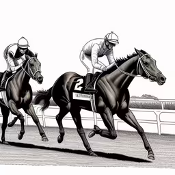 the horse race is being depicted with a pencil drawing of jockeys on horseback,three horses and jockeys with their backs to each other