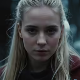 a close up of a person wearing a red jacket