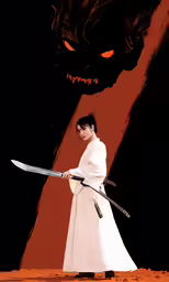 the person is holding a sword near a black cat