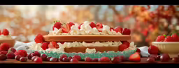 a cake with many strawberries is sitting in front of some fruit
