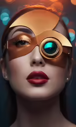 woman in metallic eyeglasses with open eyes looking through binoculars