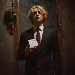 a man with an eye makeup holding something in his hand