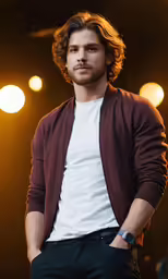 the man with long hair is posing in the spotlight